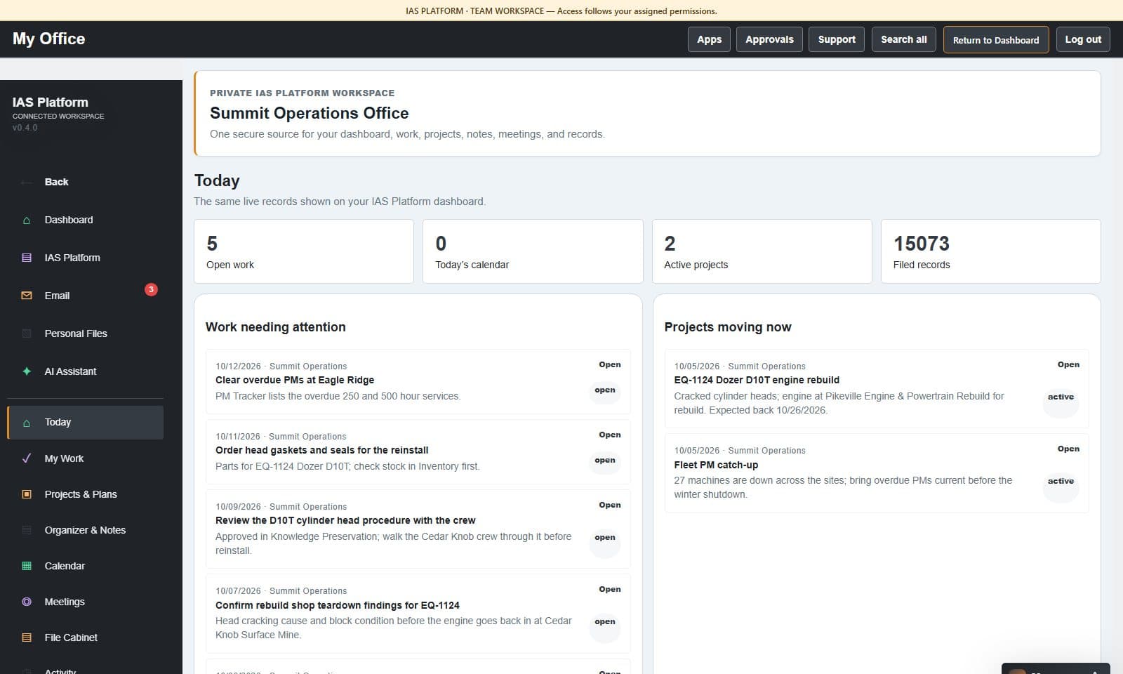 OMS office home with open work and active projects